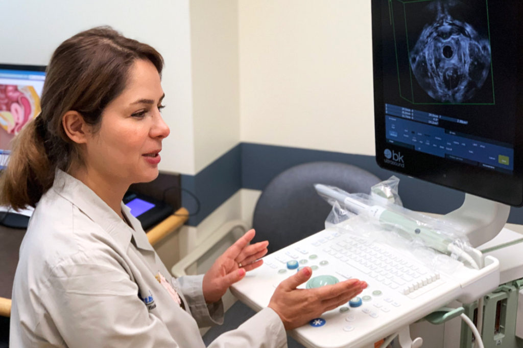 Dr. Rostami talking in front of ultrasound machine